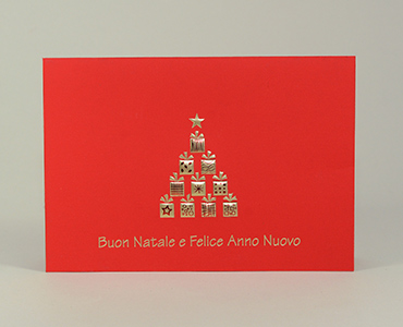 CARTONCINO PATINATO CON FONDO ROSSO. DECORAZIONI ORO IN RILIEVO A CALDO